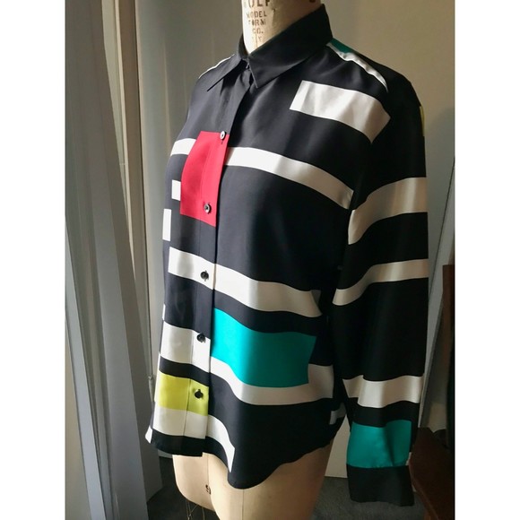 VTG Ellen Tracy Color Block 100% Silk Button Down Shirt Size 8P - Picture 5 of 5